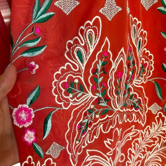 Soft Surroundings Embroidered Peasant Top Boho Long Sleeve Coral Red Medium - Picture 5 of 6